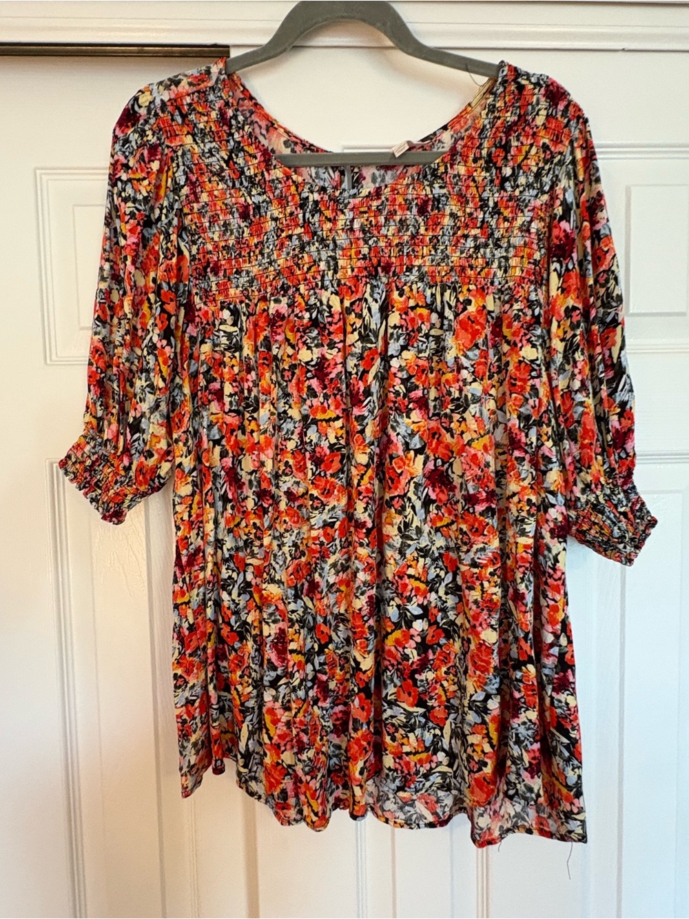 Terra & Sky Floral Smocked Tunic - Red, Orange, Pink, Black